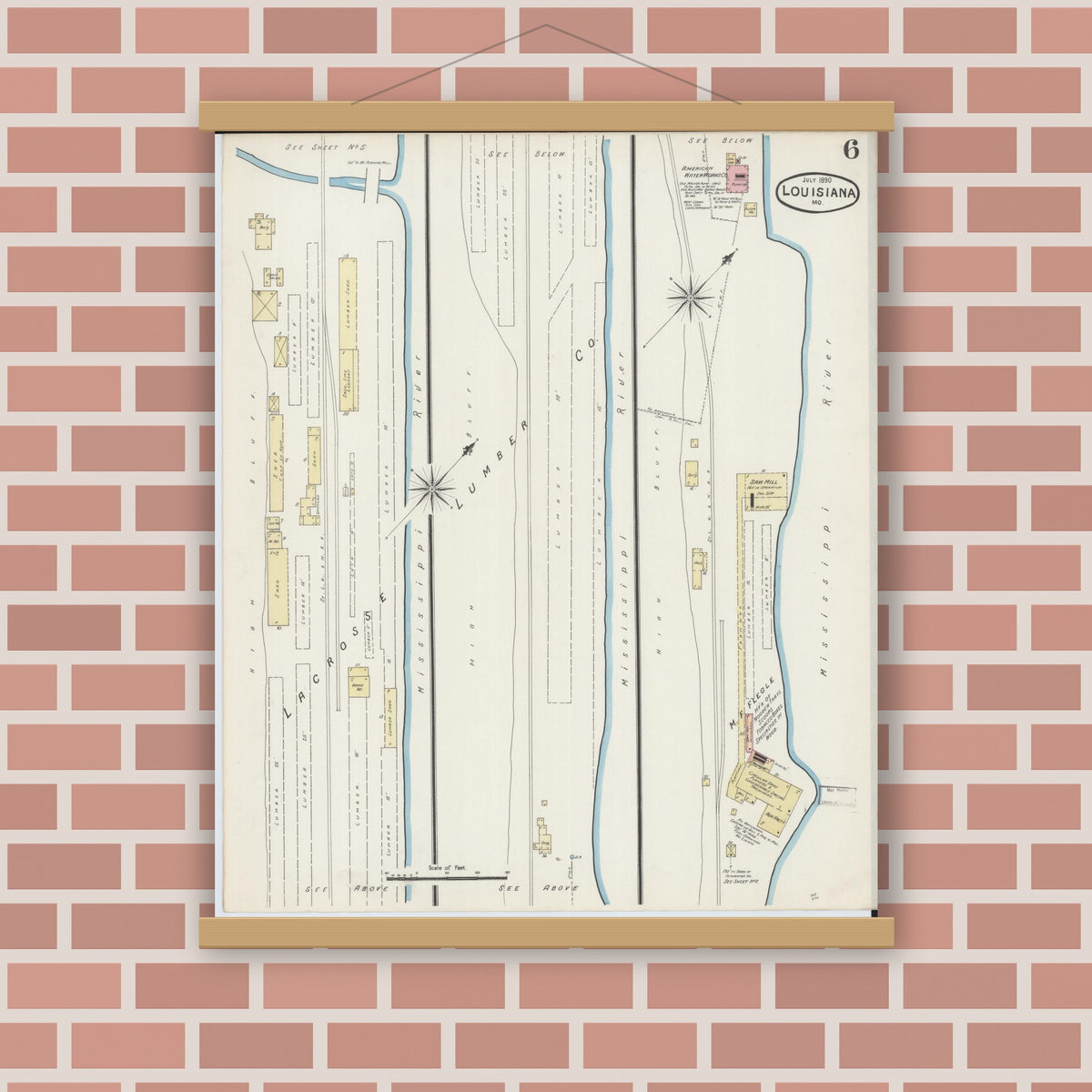 Old map wall art mockup — magnetic wood frame on brick wall — Sanborn Fire Insurance Map from Louisiana, Pike County, Missouri (1890), Sheet #0006
