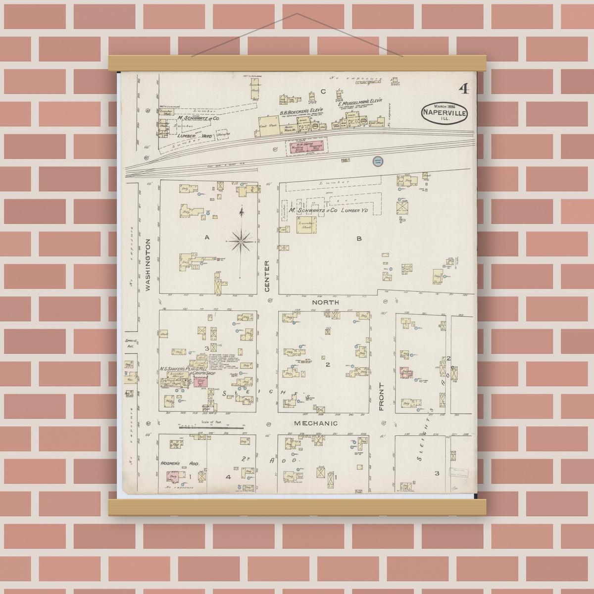 Old map wall art mockup — magnetic wood frame on brick wall — Sanborn Fire Insurance Map from Naperville, Du Page County, Illinois (1886), Sheet #0004