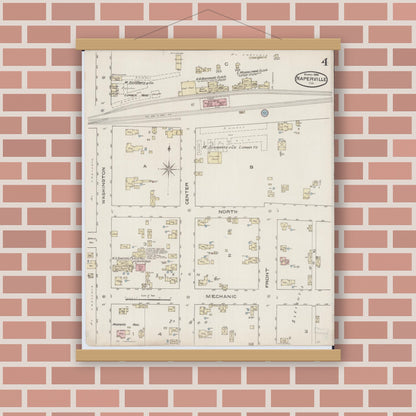 Old map wall art mockup — magnetic wood frame on brick wall — Sanborn Fire Insurance Map from Naperville, Du Page County, Illinois (1886), Sheet #0004