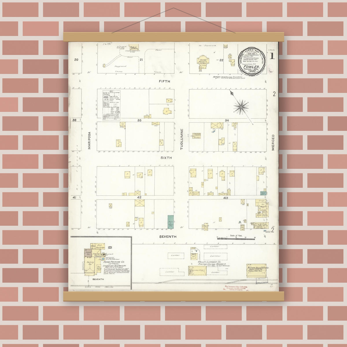 Old map wall art mockup — magnetic wood frame on brick wall — Sanborn Fire Insurance Map from Fowler, Fresno County, California (1896) - Complete Map Set