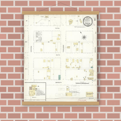 Old map wall art mockup — magnetic wood frame on brick wall — Sanborn Fire Insurance Map from Fowler, Fresno County, California (1896) - Complete Map Set
