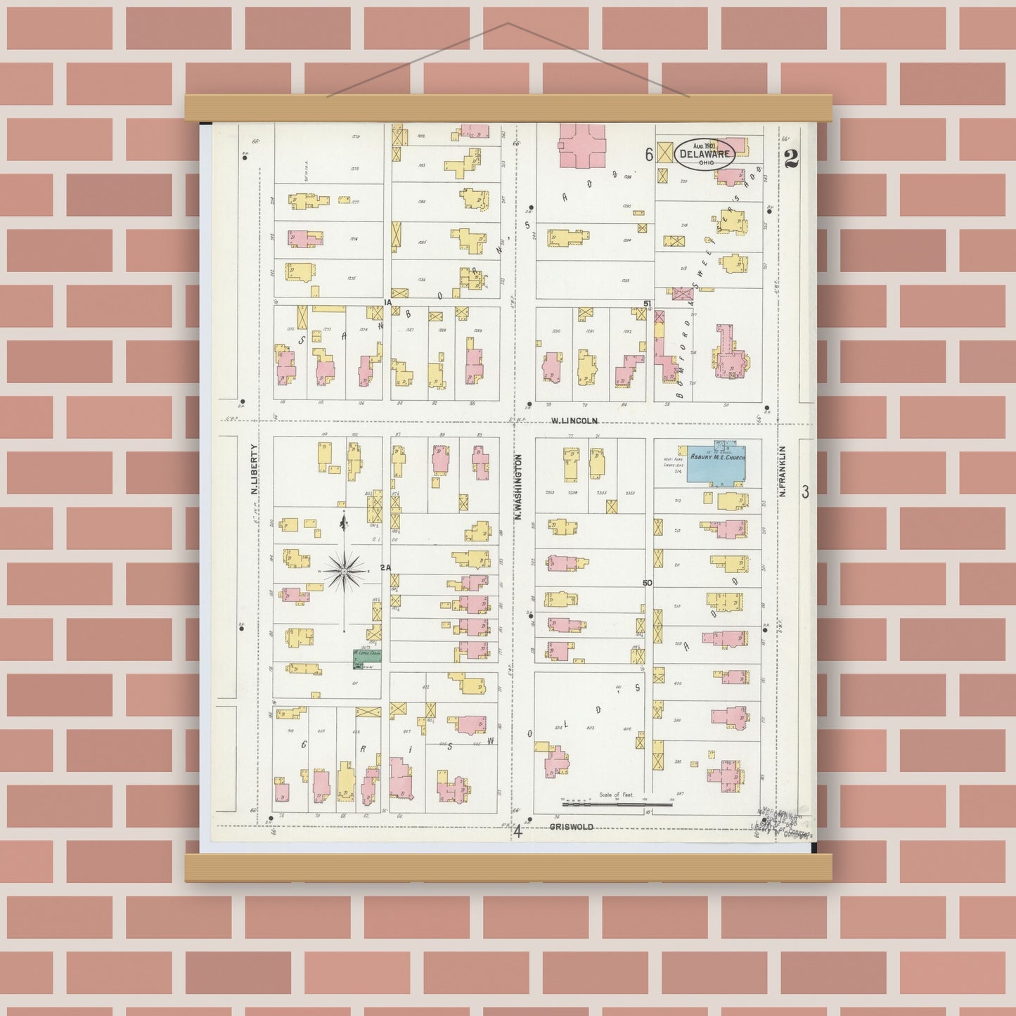 Old map wall art mockup — magnetic wood frame on brick wall — Sanborn Fire Insurance Map from Delaware, Delaware County, Ohio (1901), Sheet #0002
