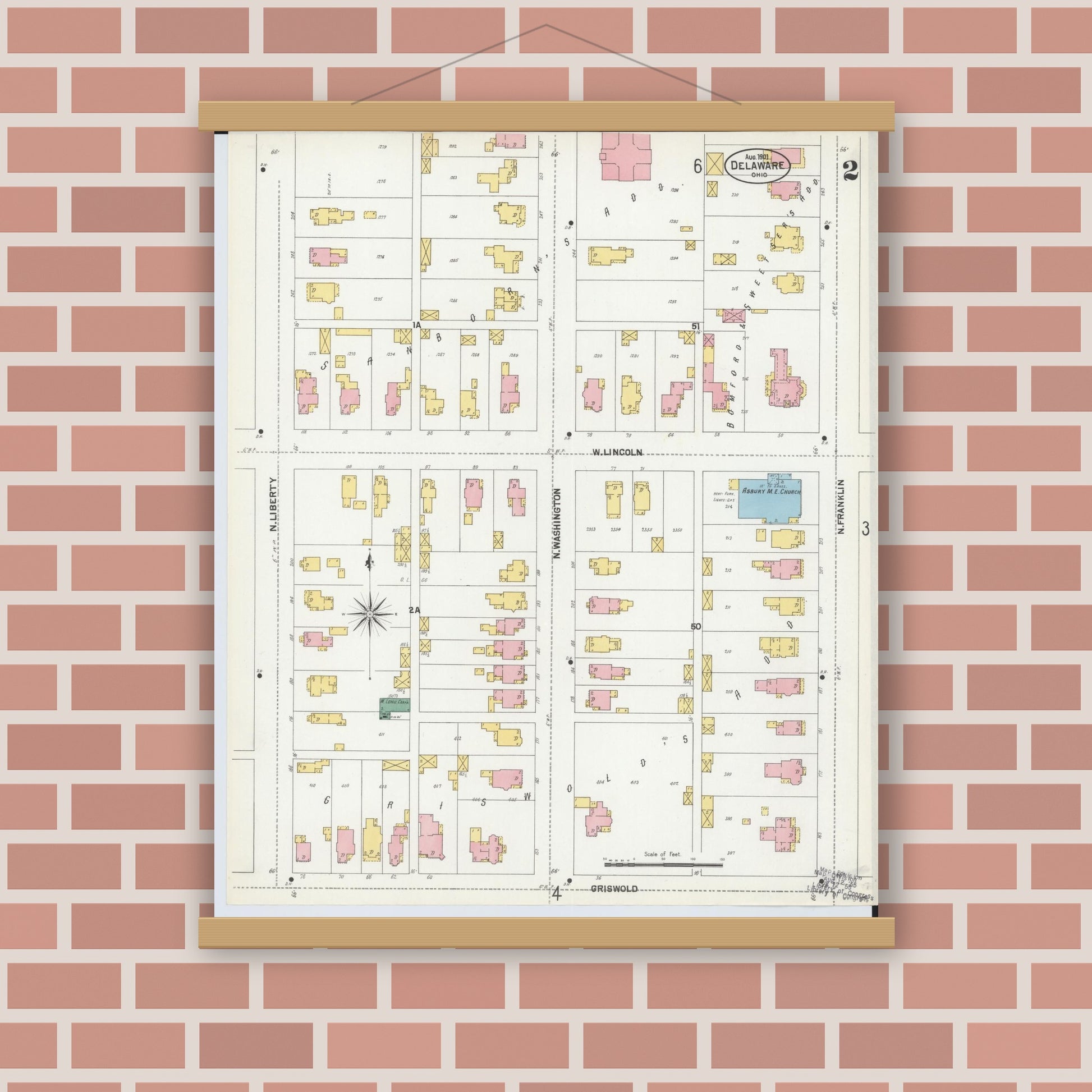 Old map wall art mockup — magnetic wood frame on brick wall — Sanborn Fire Insurance Map from Delaware, Delaware County, Ohio (1901), Sheet #0002