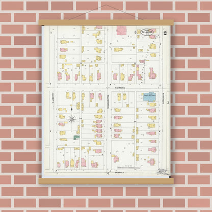 Old map wall art mockup — magnetic wood frame on brick wall — Sanborn Fire Insurance Map from Delaware, Delaware County, Ohio (1901), Sheet #0002