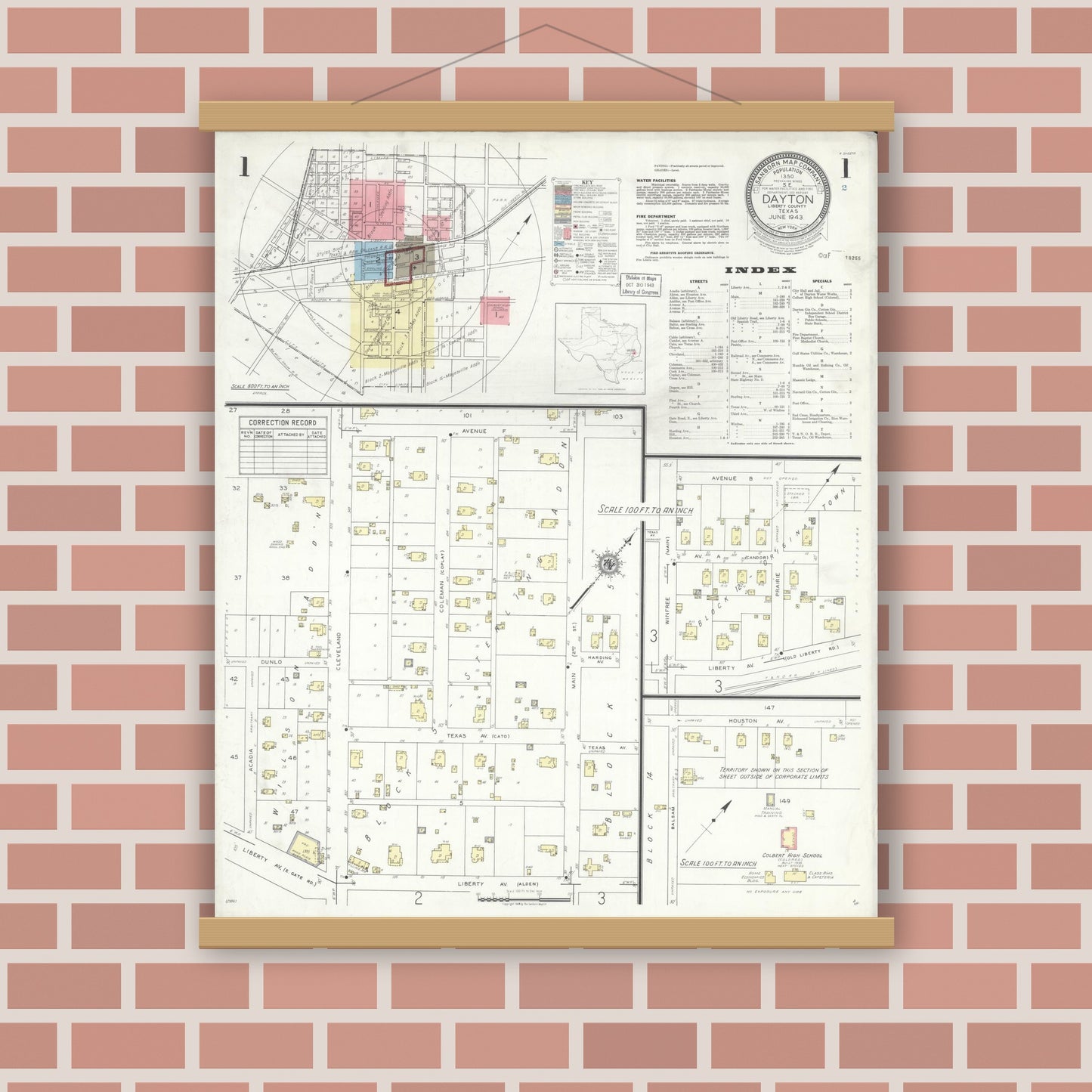 Old map wall art mockup — magnetic wood frame on brick wall — Sanborn Fire Insurance Map from Dayton, Liberty County, Texas (1943) - Complete Map Set