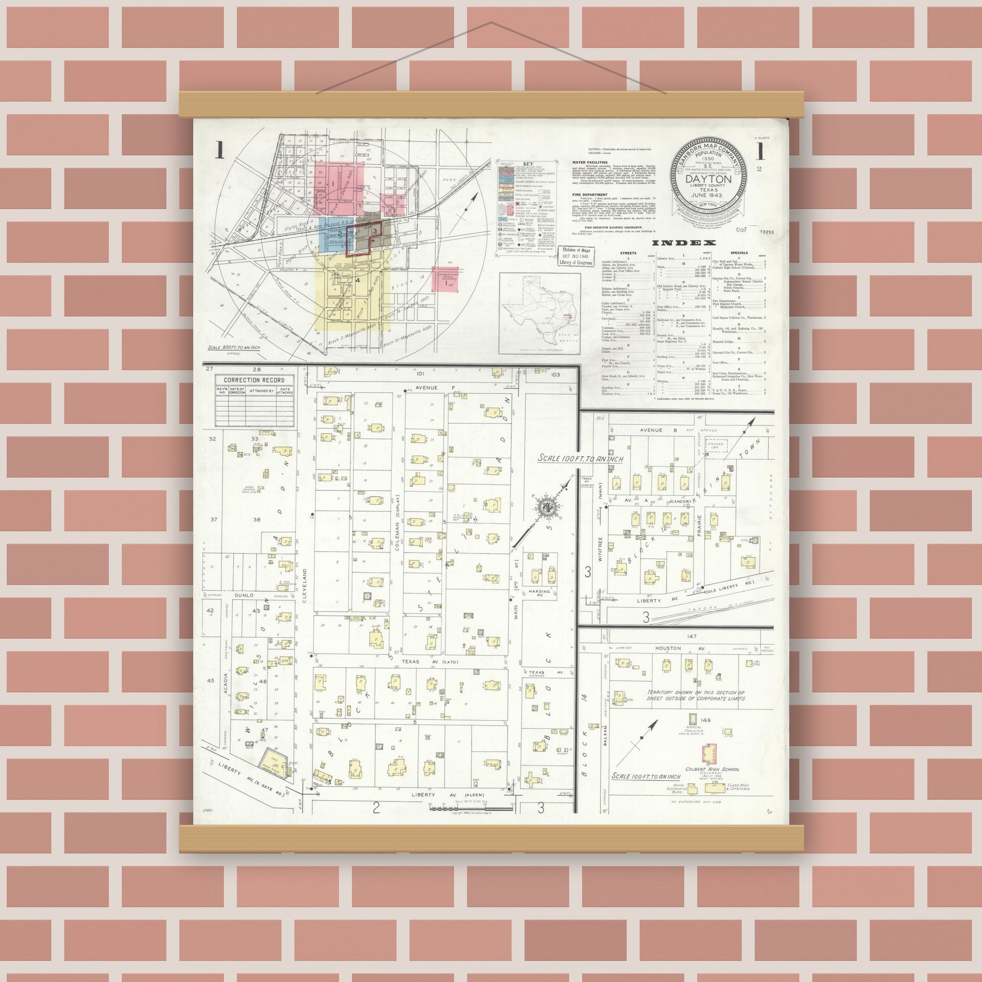 Old map wall art mockup — magnetic wood frame on brick wall — Sanborn Fire Insurance Map from Dayton, Liberty County, Texas (1943) - Complete Map Set