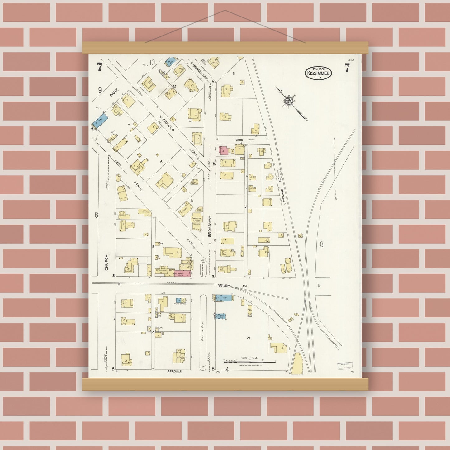 Old map wall art mockup — magnetic wood frame on brick wall — Sanborn Fire Insurance Map from Kissimmee, Osceola County, Florida (1926), Sheet #0007