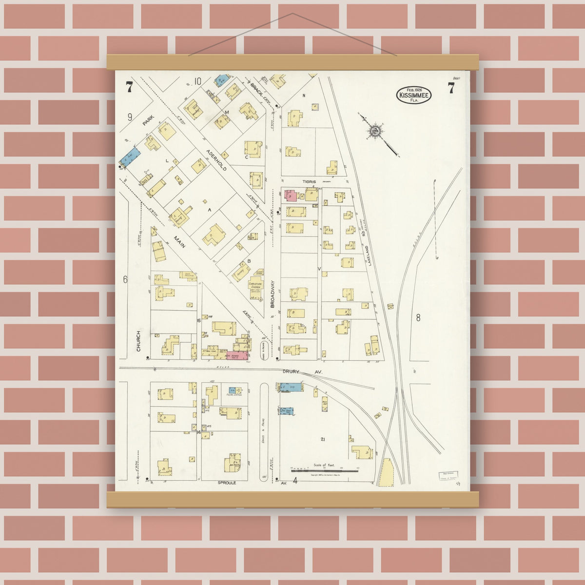 Old map wall art mockup — magnetic wood frame on brick wall — Sanborn Fire Insurance Map from Kissimmee, Osceola County, Florida (1926), Sheet #0007