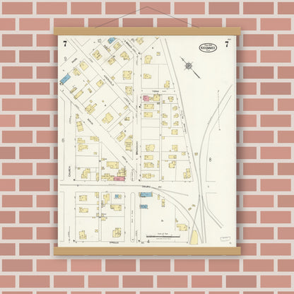 Old map wall art mockup — magnetic wood frame on brick wall — Sanborn Fire Insurance Map from Kissimmee, Osceola County, Florida (1926), Sheet #0007