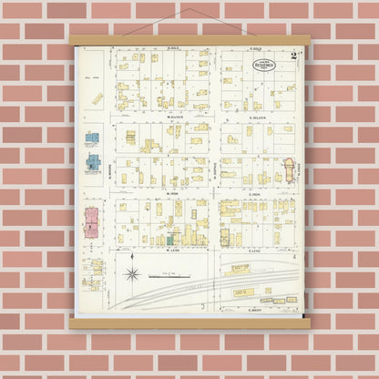 Old map wall art mockup — magnetic wood frame on brick wall — Sanborn Fire Insurance Map from Bessemer, Gogebic County, Michigan (1908), Sheet #0002