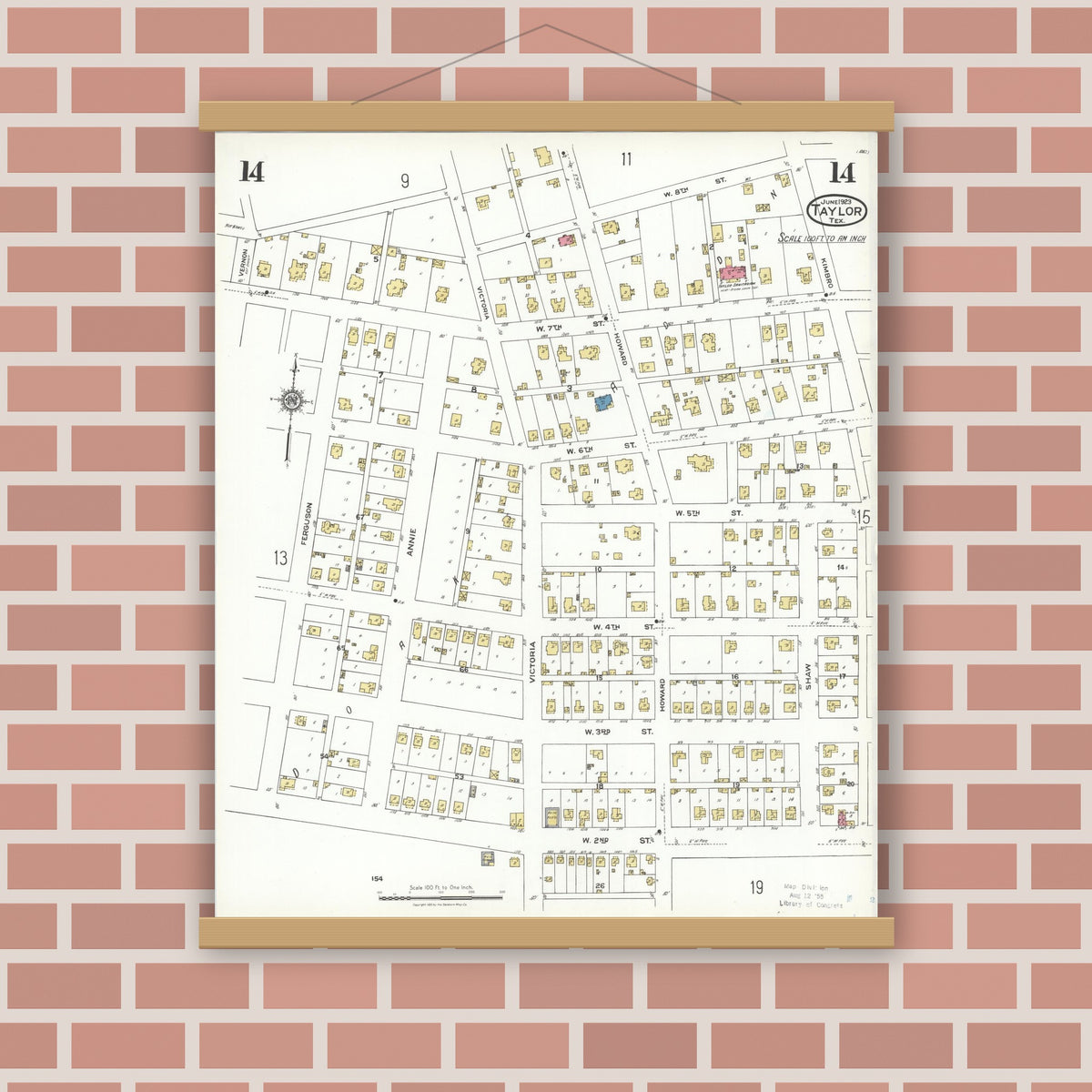 Old map wall art mockup — magnetic wood frame on brick wall — Sanborn Fire Insurance Map from Taylor, Williamson County, Texas (1923), Sheet #0014