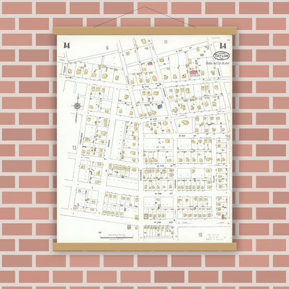 Old map wall art mockup — magnetic wood frame on brick wall — Sanborn Fire Insurance Map from Taylor, Williamson County, Texas (1923), Sheet #0014