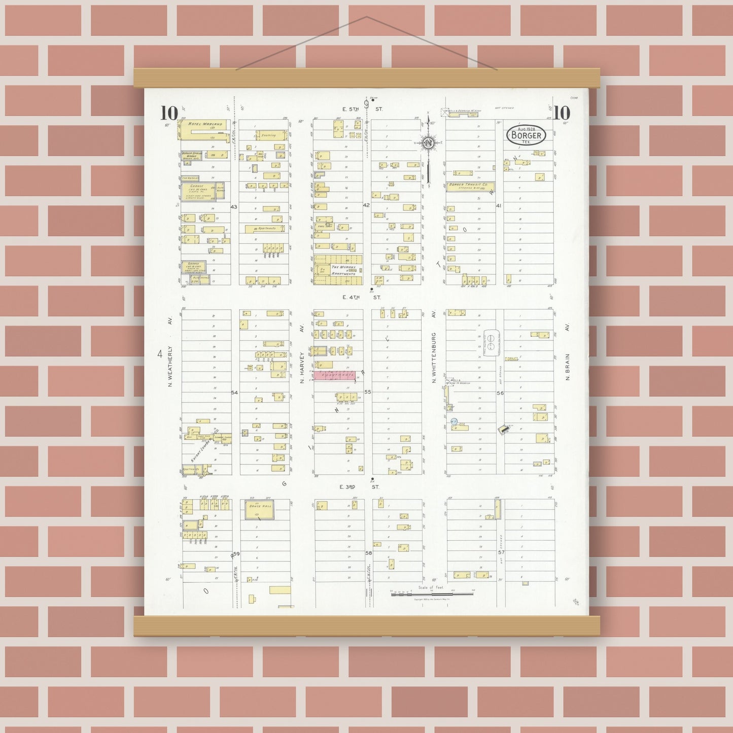 Old map wall art mockup — magnetic wood frame on brick wall — Sanborn Fire Insurance Map from Borger, Hutchinson County, Texas (1928), Sheet #0010
