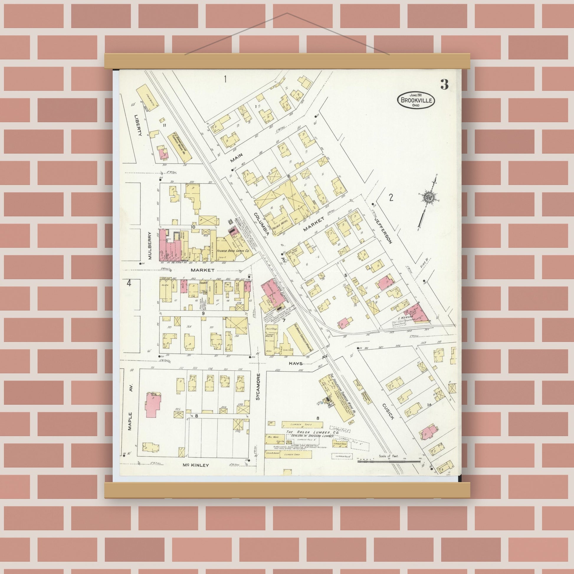 Old map wall art mockup — magnetic wood frame on brick wall — Sanborn Fire Insurance Map from Brookville, Montgomery County, Ohio (1911), Sheet #0003