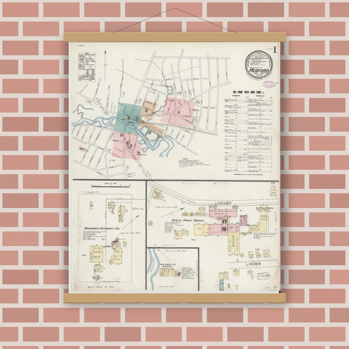 Old map wall art mockup — magnetic wood frame on brick wall — Sanborn Fire Insurance Map from Medford, Middlesex County, Massachusetts (1887), Sheet #0001