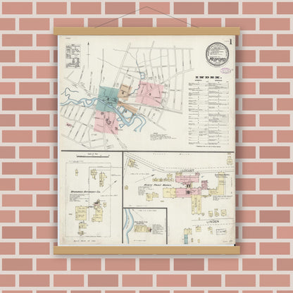 Old map wall art mockup — magnetic wood frame on brick wall — Sanborn Fire Insurance Map from Medford, Middlesex County, Massachusetts (1887), Sheet #0001
