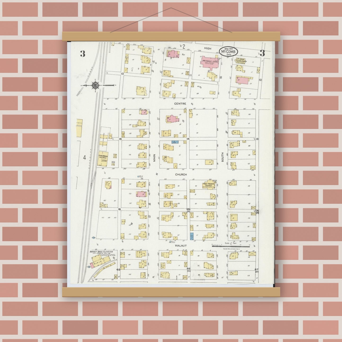 Old map wall art mockup — magnetic wood frame on brick wall — Sanborn Fire Insurance Map from McComb, Hancock County, Ohio (1924), Sheet #0003