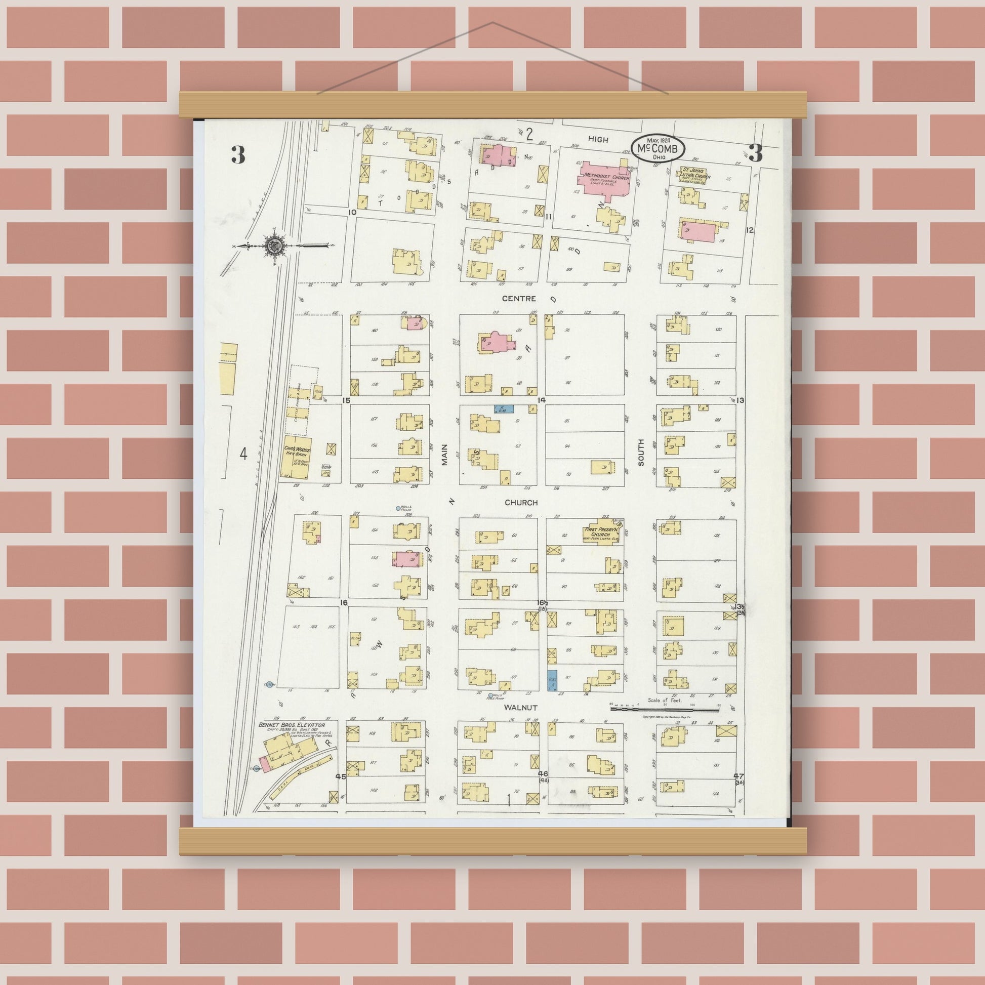 Old map wall art mockup — magnetic wood frame on brick wall — Sanborn Fire Insurance Map from McComb, Hancock County, Ohio (1924), Sheet #0003