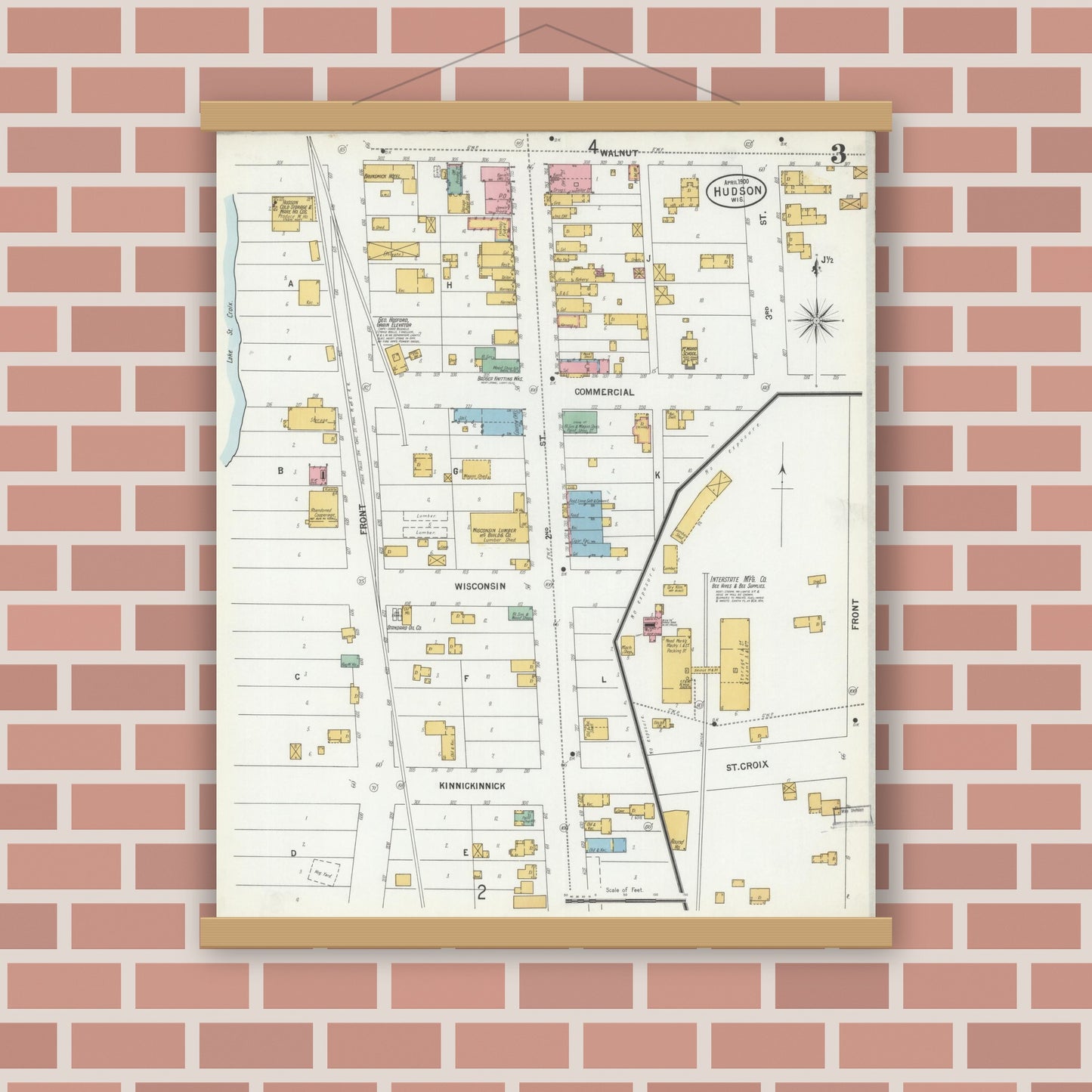 Old map wall art mockup — magnetic wood frame on brick wall — Sanborn Fire Insurance Map from Hudson, St. Croix County, Wisconsin (1900), Sheet #0003