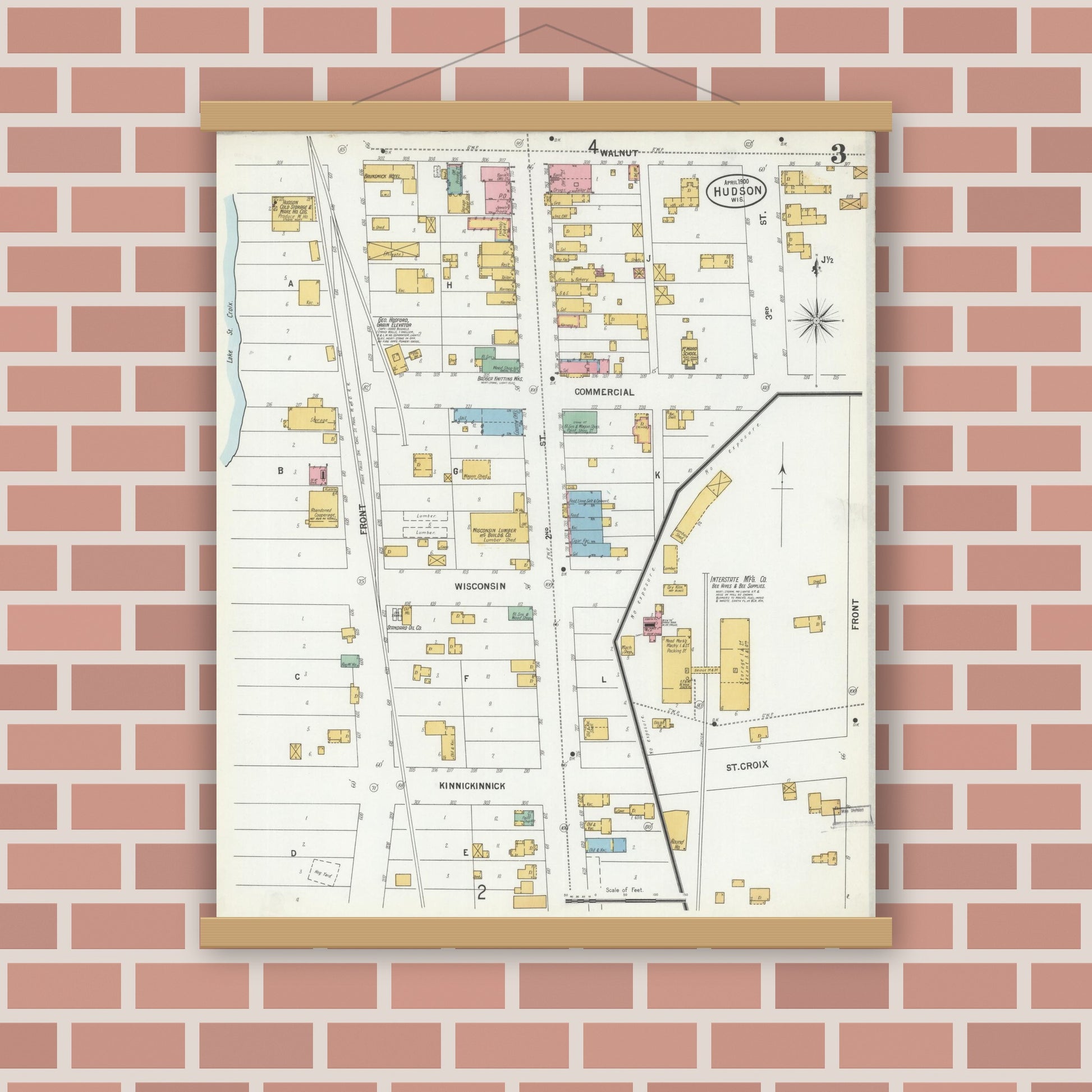 Old map wall art mockup — magnetic wood frame on brick wall — Sanborn Fire Insurance Map from Hudson, St. Croix County, Wisconsin (1900), Sheet #0003