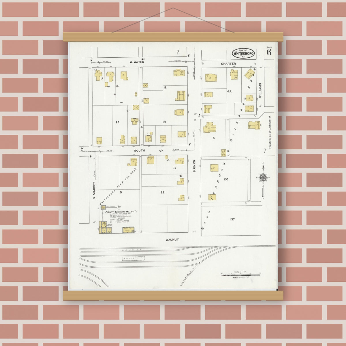 Old map wall art mockup — magnetic wood frame on brick wall — Sanborn Fire Insurance Map from Whitesboro, Grayson County, Texas (1921), Sheet #0006