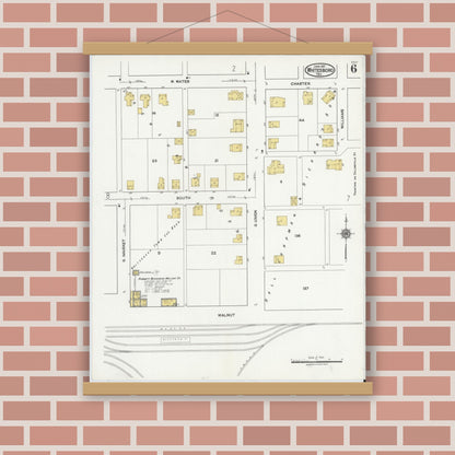 Old map wall art mockup — magnetic wood frame on brick wall — Sanborn Fire Insurance Map from Whitesboro, Grayson County, Texas (1921), Sheet #0006
