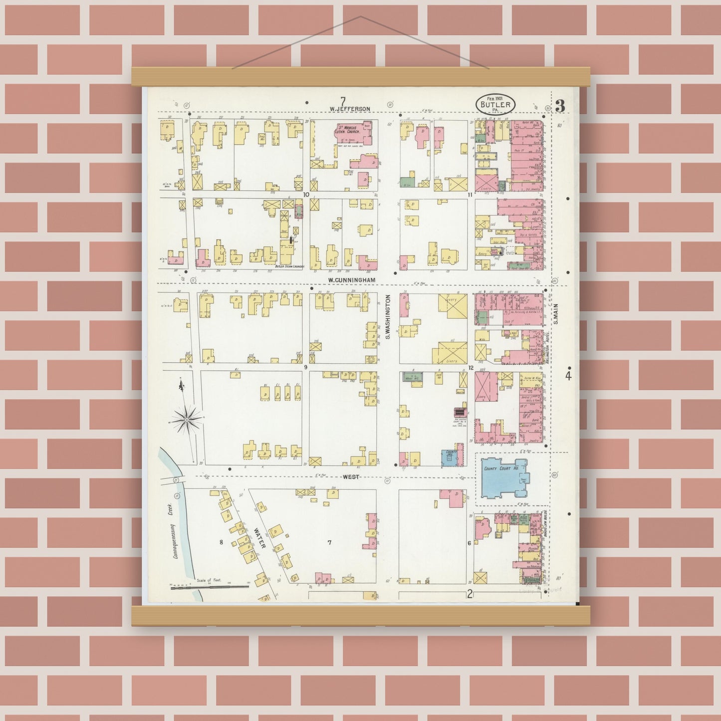Old map wall art mockup — magnetic wood frame on brick wall — Sanborn Fire Insurance Map from Butler, Butler County, Pennsylvania (1901), Sheet #0003