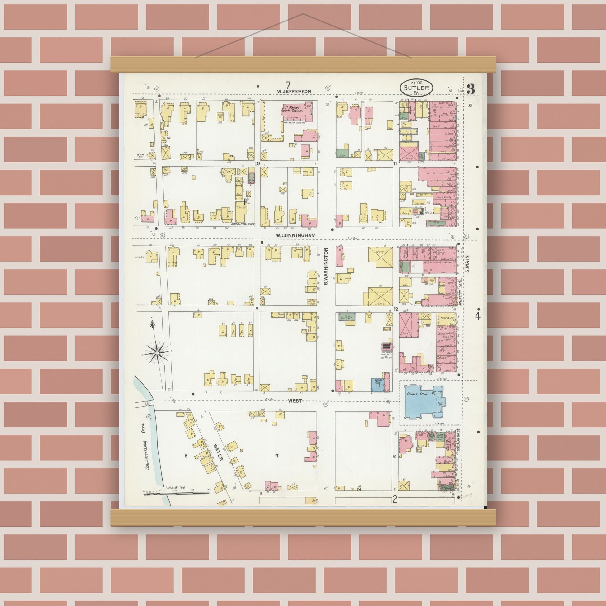 Old map wall art mockup — magnetic wood frame on brick wall — Sanborn Fire Insurance Map from Butler, Butler County, Pennsylvania (1901), Sheet #0003