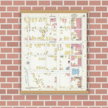 Old map wall art mockup — magnetic wood frame on brick wall — Sanborn Fire Insurance Map from Butler, Butler County, Pennsylvania (1901), Sheet #0003