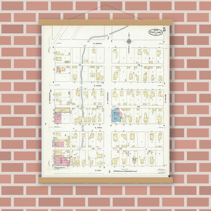 Old map wall art mockup — magnetic wood frame on brick wall — Sanborn Fire Insurance Map from Portland, Jay County, Indiana (1910), Sheet #0005