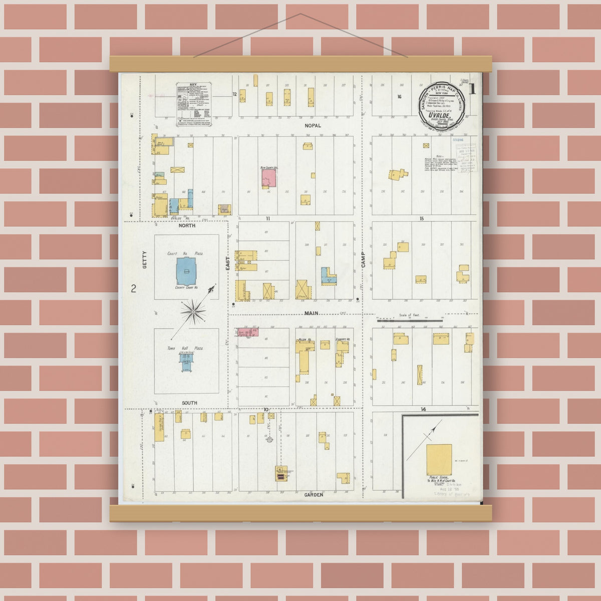 Old map wall art mockup — magnetic wood frame on brick wall — Sanborn Fire Insurance Map from Uvalde, Uvalde County, Texas (1900) - Complete Map Set
