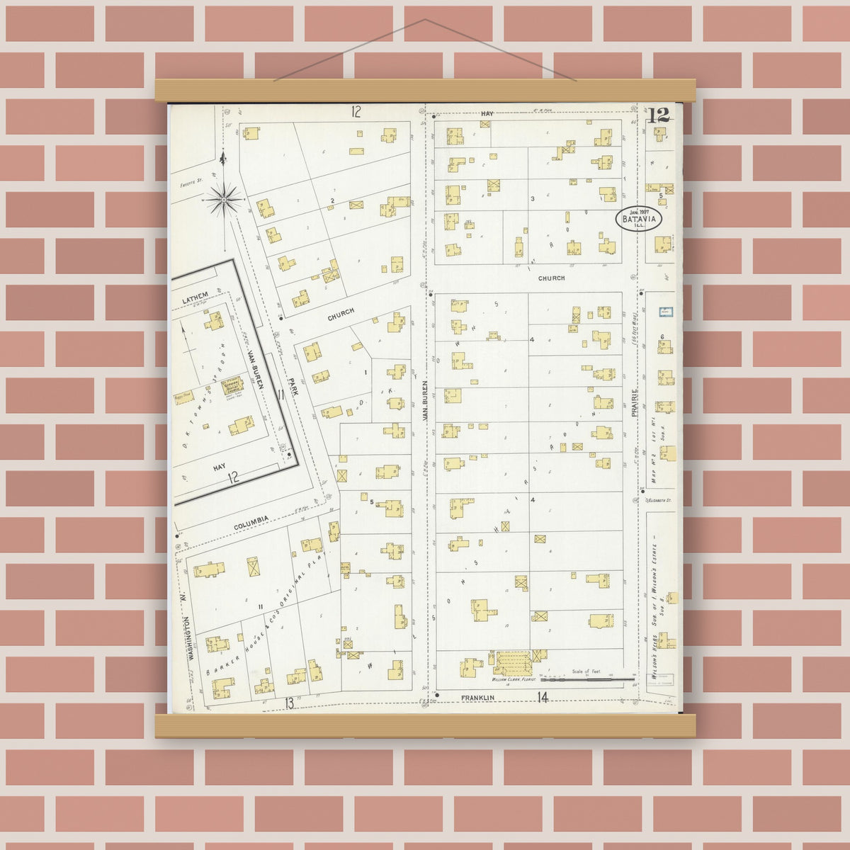 Old map wall art mockup — magnetic wood frame on brick wall — Sanborn Fire Insurance Map from Batavia, Kane County, Illinois (1907), Sheet #0012
