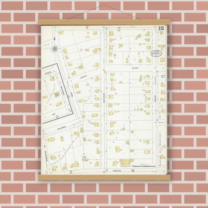 Old map wall art mockup — magnetic wood frame on brick wall — Sanborn Fire Insurance Map from Batavia, Kane County, Illinois (1907), Sheet #0012