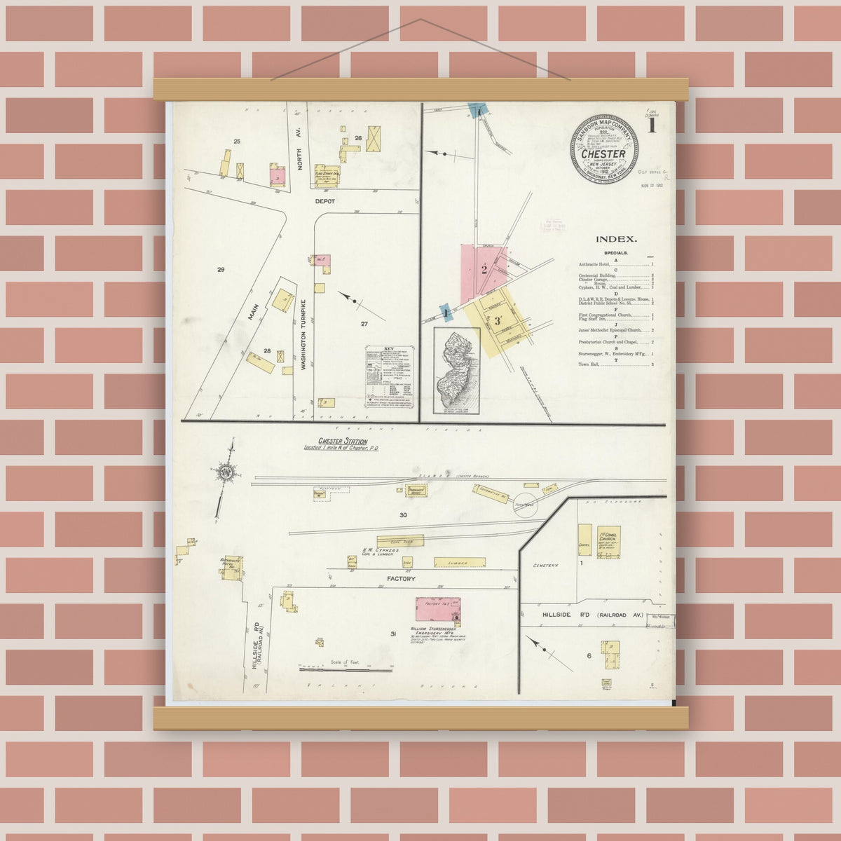 Old map wall art mockup — magnetic wood frame on brick wall — Sanborn Fire Insurance Map from Chester, Morris County, New Jersey (1912), Sheet #0001
