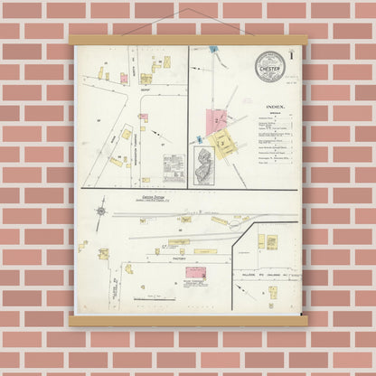 Old map wall art mockup — magnetic wood frame on brick wall — Sanborn Fire Insurance Map from Chester, Morris County, New Jersey (1912), Sheet #0001