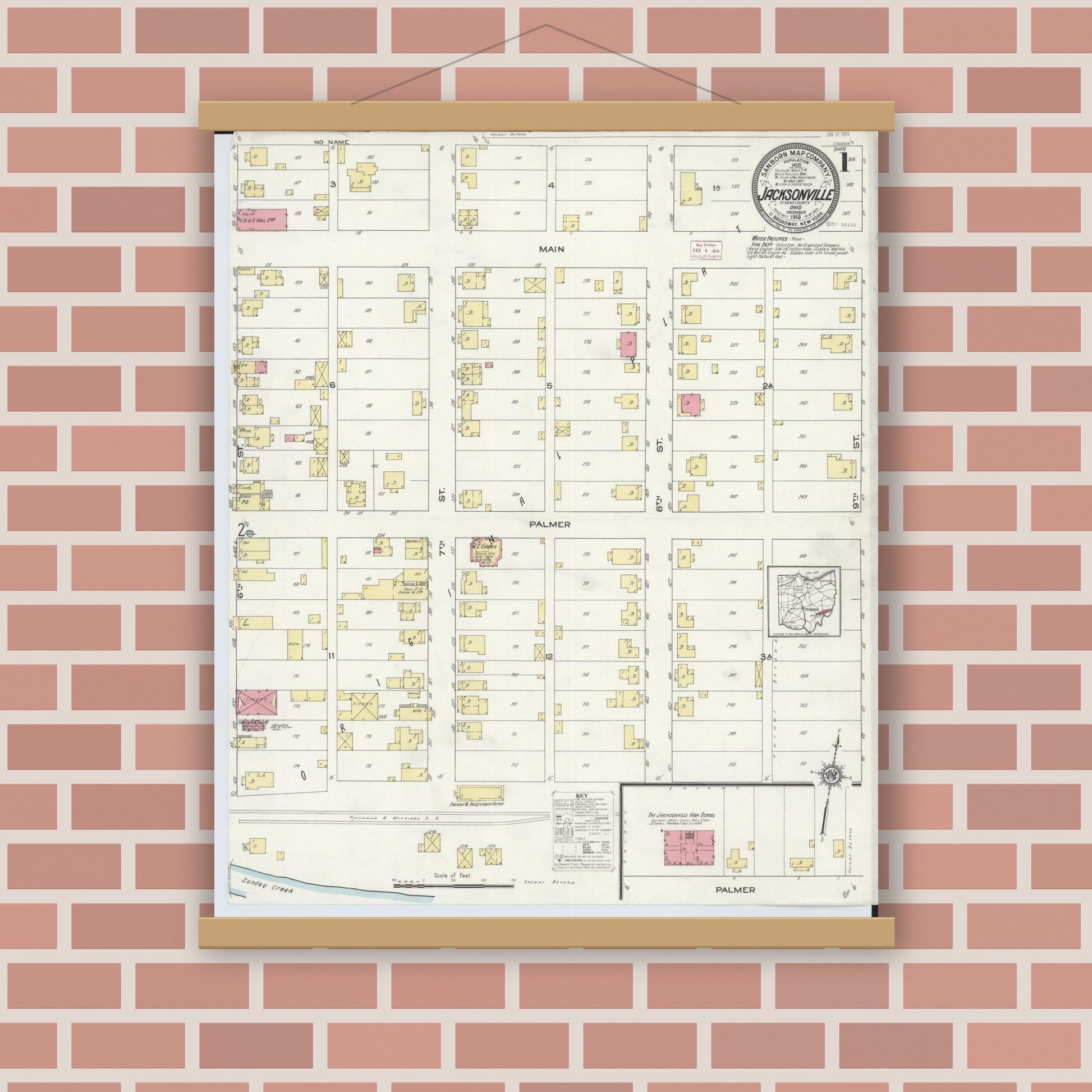 Old map wall art mockup — magnetic wood frame on brick wall — Sanborn Fire Insurance Map from Jacksonville, Athens County, Ohio (1913) - Complete Map Set