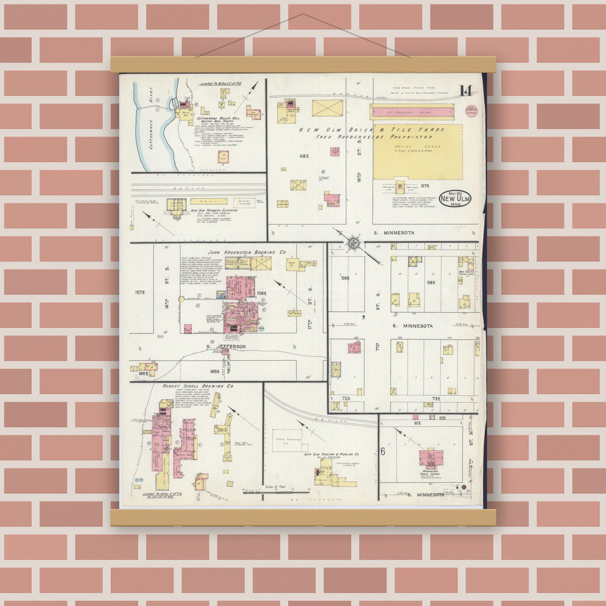 Old map wall art mockup — magnetic wood frame on brick wall — Sanborn Fire Insurance Map from New Ulm, Brown County, Minnesota (1913), Sheet #0014