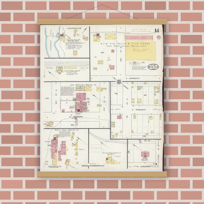 Old map wall art mockup — magnetic wood frame on brick wall — Sanborn Fire Insurance Map from New Ulm, Brown County, Minnesota (1913), Sheet #0014
