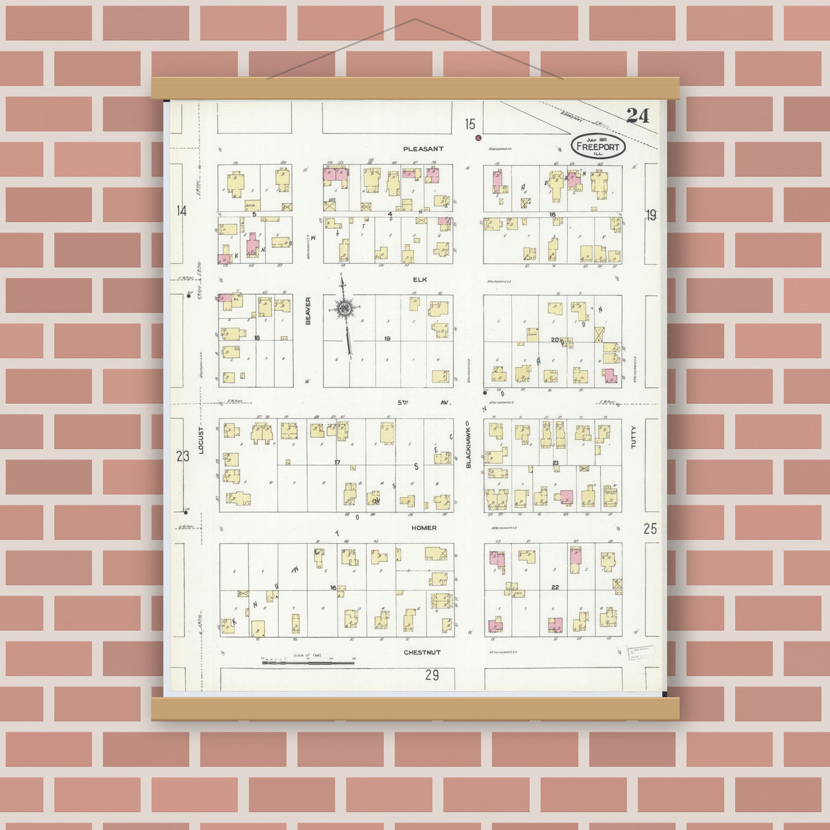 Old map wall art mockup — magnetic wood frame on brick wall — Sanborn Fire Insurance Map from Freeport, Stephenson County, Illinois (1910), Sheet #0024