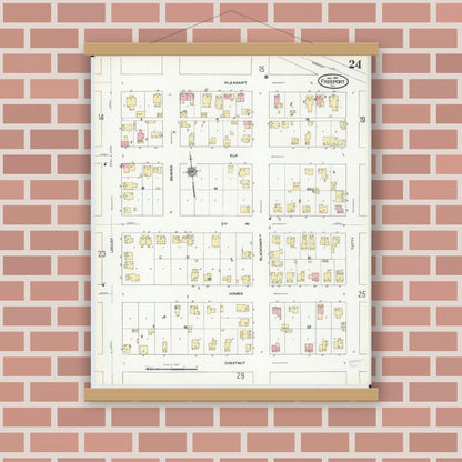 Old map wall art mockup — magnetic wood frame on brick wall — Sanborn Fire Insurance Map from Freeport, Stephenson County, Illinois (1910), Sheet #0024