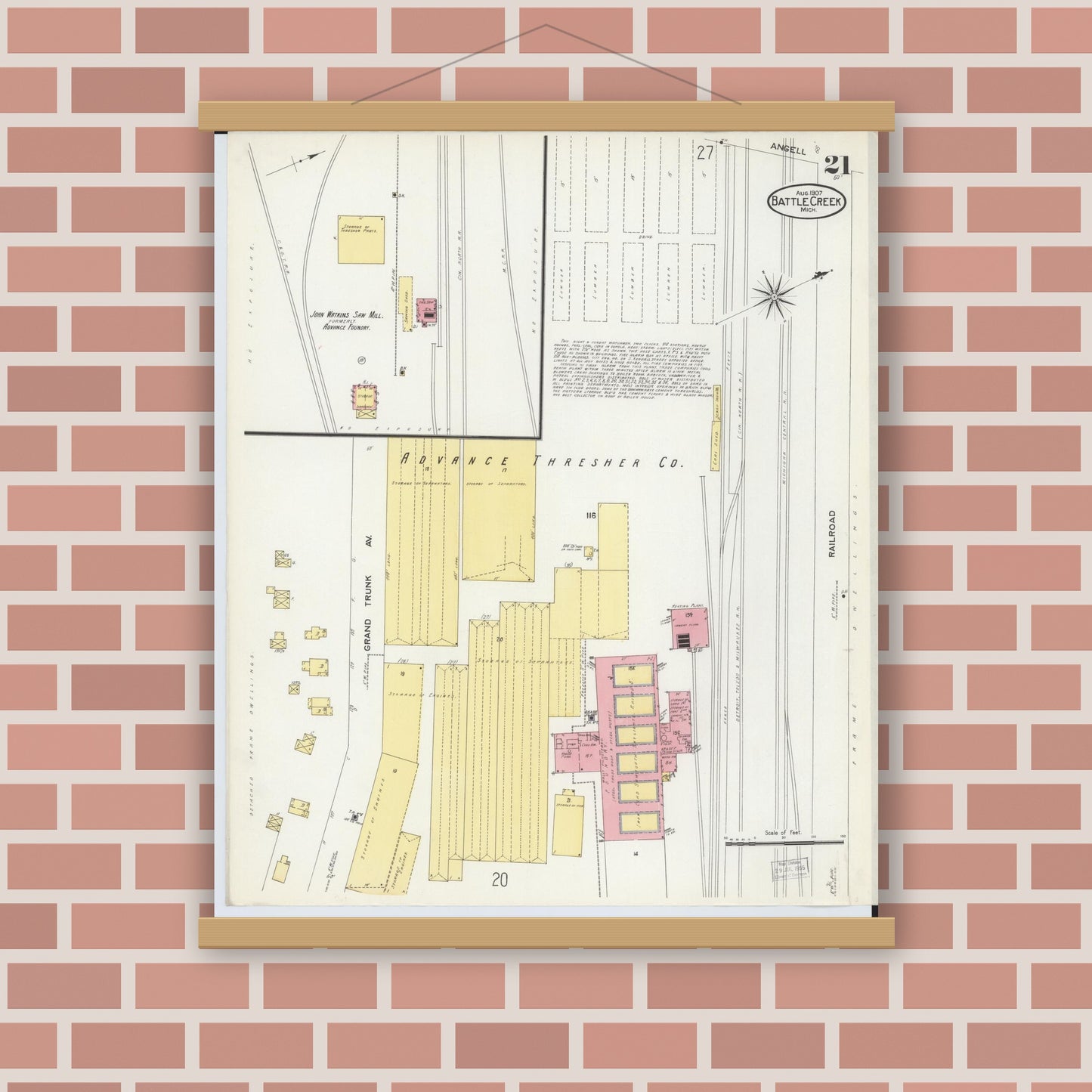 Old map wall art mockup — magnetic wood frame on brick wall — Sanborn Fire Insurance Map from Battle Creek, Calhoun County, Michigan (1907), Sheet #0021