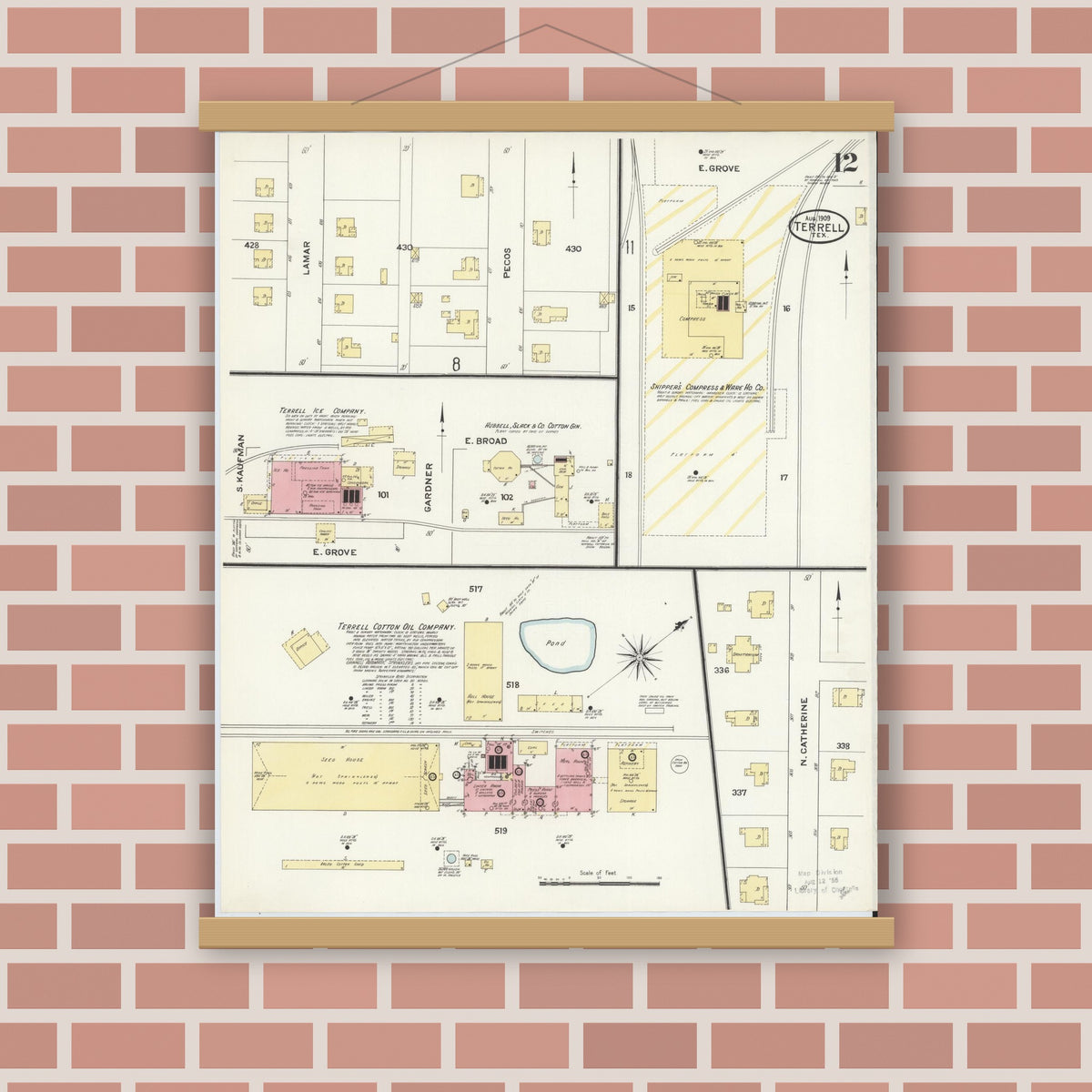 Old map wall art mockup — magnetic wood frame on brick wall — Sanborn Fire Insurance Map from Terrell, Kaufman County, Texas (1909), Sheet #0012