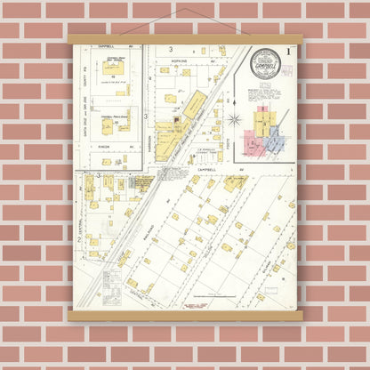 Old map wall art mockup — magnetic wood frame on brick wall — Sanborn Fire Insurance Map from Campbell, Santa Clara County, California (1905) - Complete Map Set