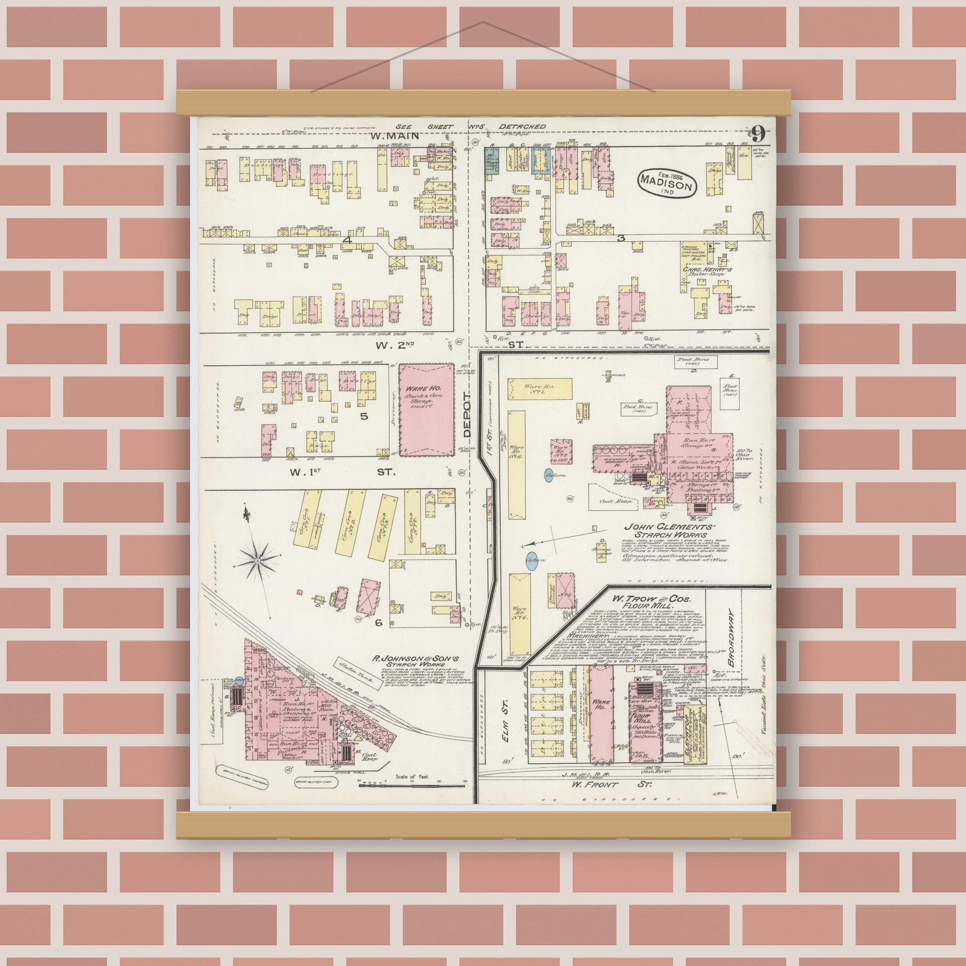 Old map wall art mockup — magnetic wood frame on brick wall — Sanborn Fire Insurance Map from Madison, Jefferson County, Indiana (1886), Sheet #0009