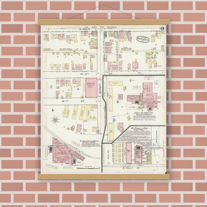 Old map wall art mockup — magnetic wood frame on brick wall — Sanborn Fire Insurance Map from Madison, Jefferson County, Indiana (1886), Sheet #0009