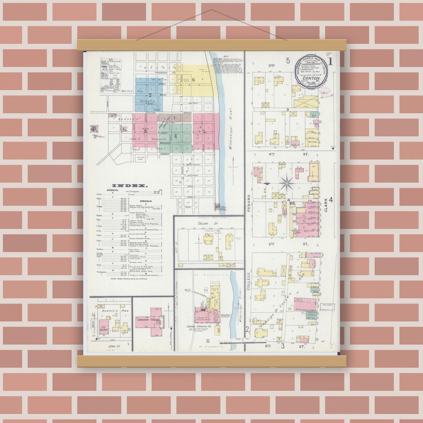 Old map wall art mockup — magnetic wood frame on brick wall — Sanborn Fire Insurance Map from Canton, Lewis County, Missouri (1896) - Complete Map Set