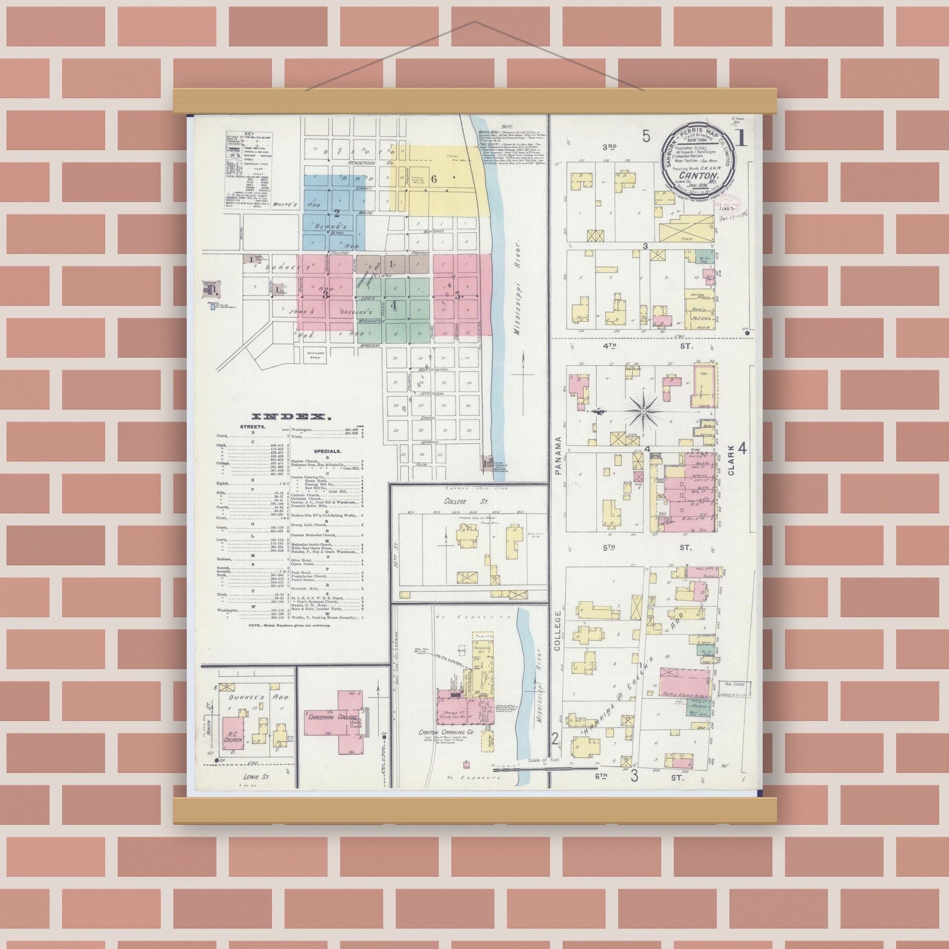 Old map wall art mockup — magnetic wood frame on brick wall — Sanborn Fire Insurance Map from Canton, Lewis County, Missouri (1896) - Complete Map Set