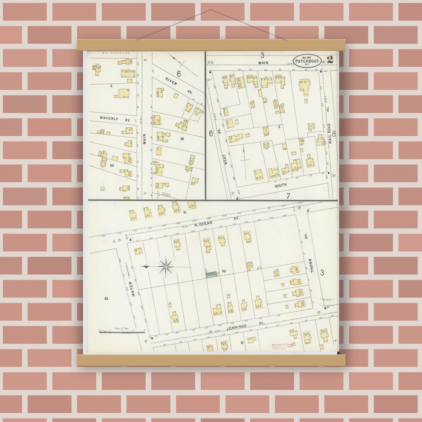 Old map wall art mockup — magnetic wood frame on brick wall — Sanborn Fire Insurance Map from Patchogue, Suffolk County, New York (1897) - Complete Map Set