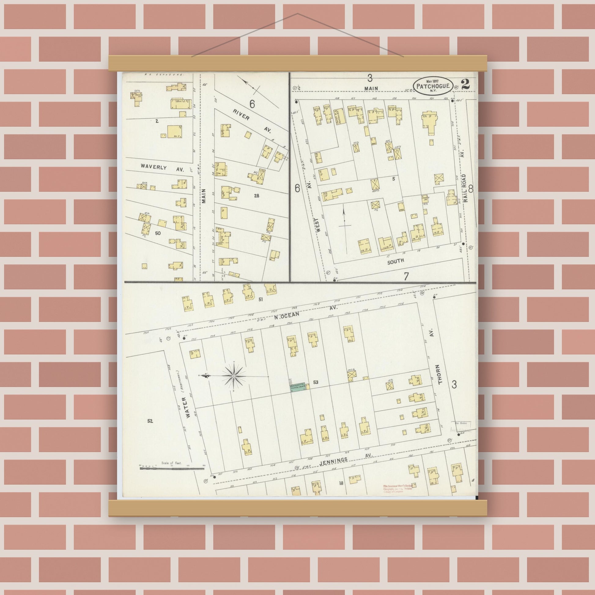 Old map wall art mockup — magnetic wood frame on brick wall — Sanborn Fire Insurance Map from Patchogue, Suffolk County, New York (1897) - Complete Map Set