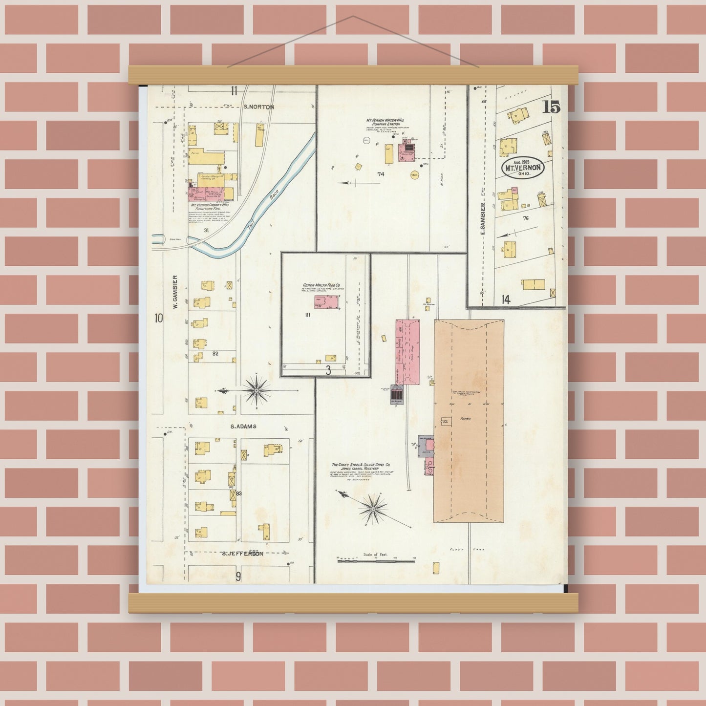 Old map wall art mockup — magnetic wood frame on brick wall — Sanborn Fire Insurance Map from Mount Vernon, Knox County, Ohio (1903), Sheet #0015